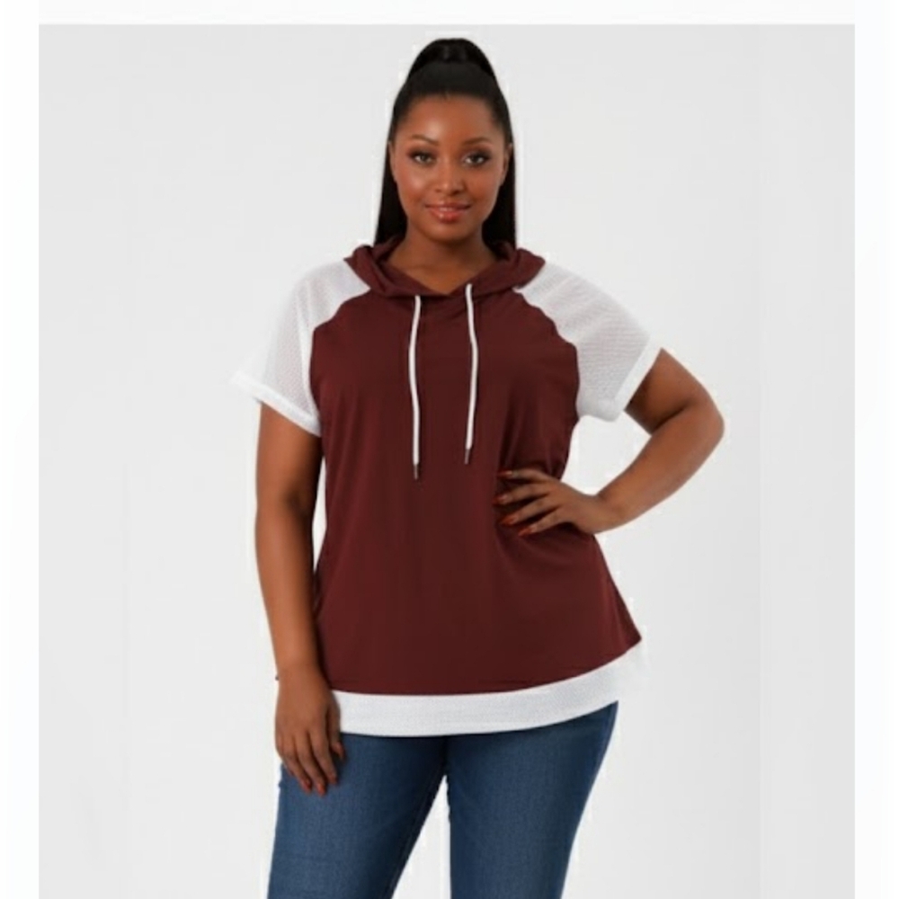 Agnes Orinda Raglan Short Sleeve Drawstring Pullover Hoodies Tops,Size 2X